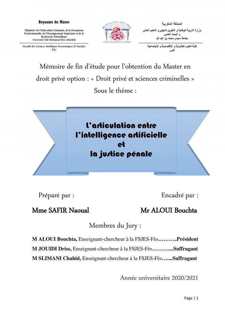 Memoire de master intitulé L'articulation entre l'intelligence artificielle et la justice pénale