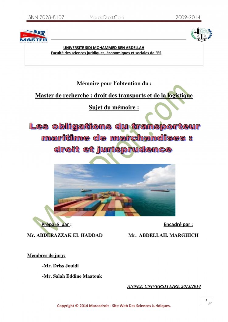 Pfe de master les obligations du transporteur maritime de marchandise