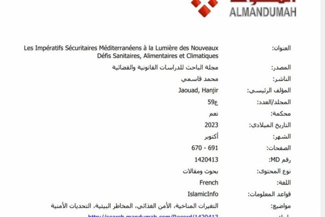 Les impératifs sécuritaires méditerranéens à la lumière des nouveaux défis sanitaires, alimentaires et climatiques