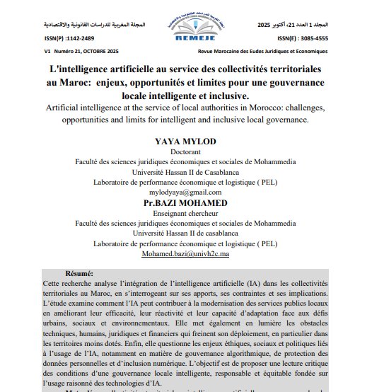 L'intelligence artificielle au service des collectivités territoriales au Maroc: enjeux, opportunités et limites pour une gouvernance locale intelligente et inclusive. 
